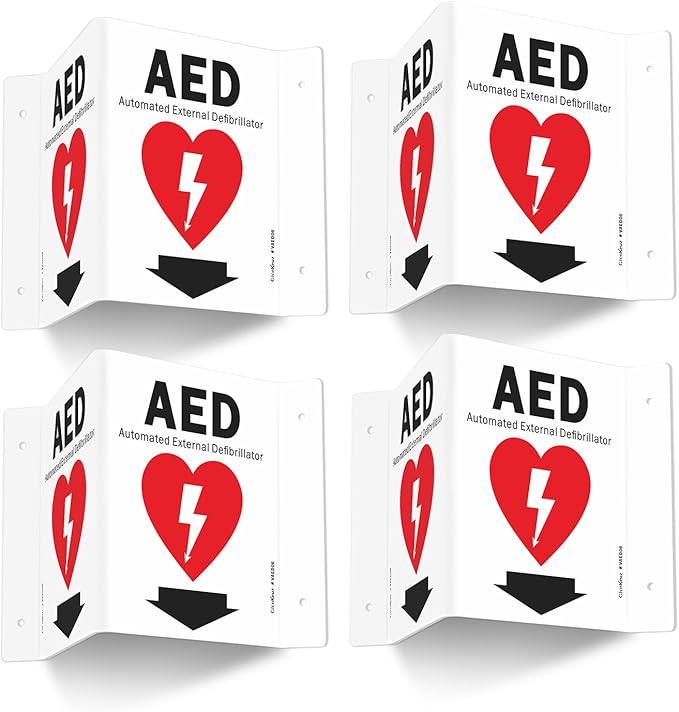 GicnKeuz AED Sign for Wall, 8" x 6" AED Sign with Symbol, Two-Sided Acrylic V-Signs for Business or Office or Home or Wall Décor, Including Screws, Easy to Install (4 Pack)
