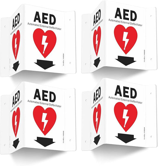 GicnKeuz AED Sign for Wall, 8" x 6" AED Sign with Symbol, Two-Sided Acrylic V-Signs for Business or Office or Home or Wall Décor, Including Screws, Easy to Install (4 Pack)