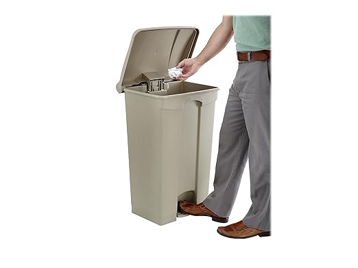 Safco Step On Plastic Trash Can with Foot Pedal, 23 Gallon Garbage Can for Kitchen, Indoor or Outdoor Use, Hands Free, Tan