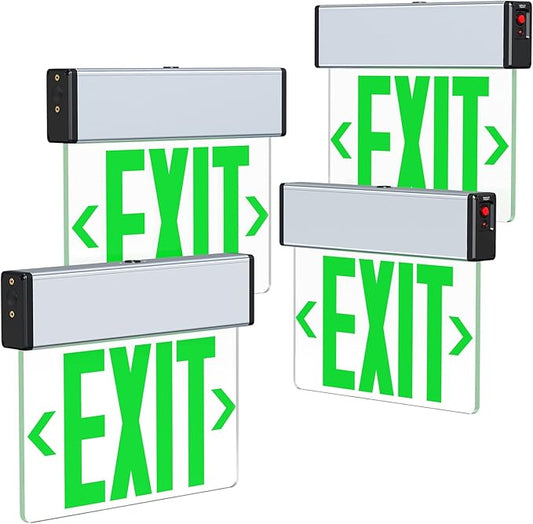 Green LED Edge Lit Exit Sign Brushed Aluminum Housing, UL Listed Emergency Exit Signs Single Sided Clear Acrylic with Battery Backup, AC 120-347V Hardwired Exit Lights, Top/Side/Wall Mount (4 Pack)