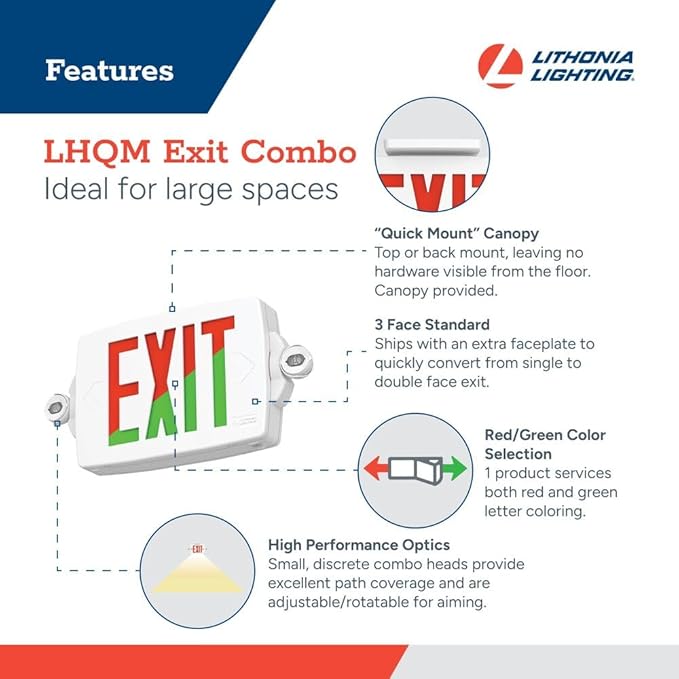 Lithonia Lighting Quantum LED Exit Sign Emergency Light Combo, Exit Sign and Emergency Lights for Business, 2-Head Fixture, Red/Green Selectable Letters, White (LHQM S W RG MVOLT M6)