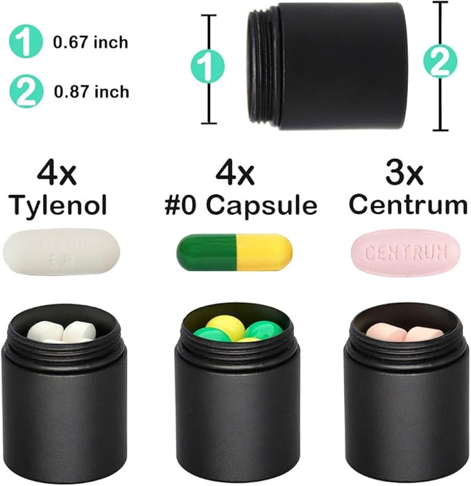 Portable Keychain Pill Case Holder, EFFIET 3 Compartments Metal Pocket Emergency Pill Container Box for Daily Supplyment (Black+Matt Finished)