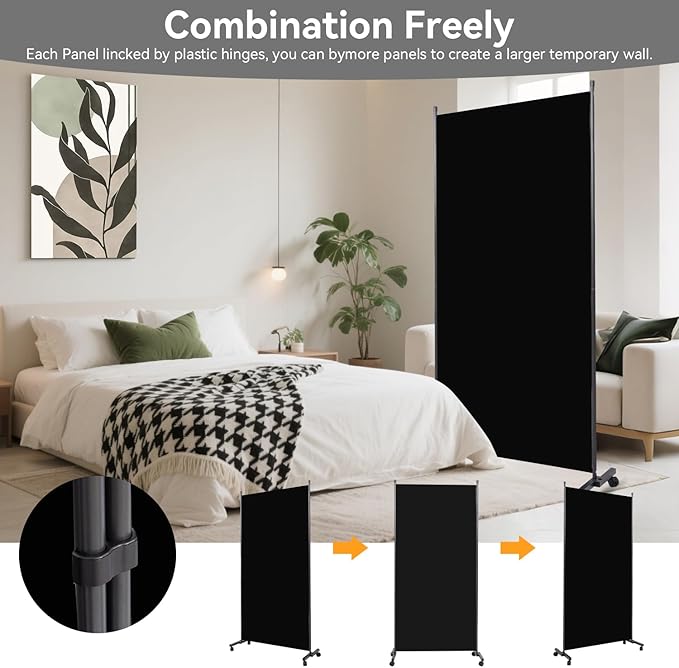 Room Divider(1 Panel-34in) Wall Divider for Room Separation, Portable Privacy Screens W/Wheels, Metal Frame Freestanding Room Separators 5.6FT Room Partitions and Dividers