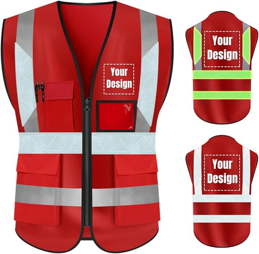 YOWESHOP High Visibility Safety Vest Custom Your Logo Protective Workwear 5 Pockets With Reflective Strips Outdoor Work Vest (L, Red Luminous)