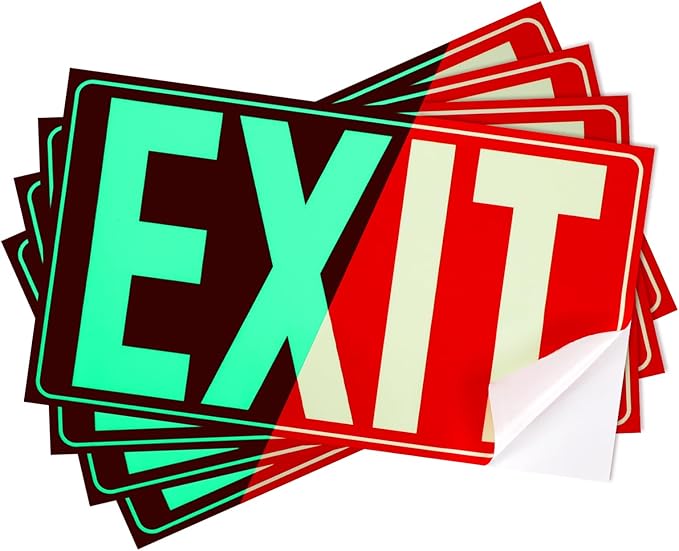 CEYAZYE 4Pcs Glow In The Dark Exit Sign Aluminum, 10"x7" Photoluminescent Emergency Adhesive Signs Sticker for Business Office School Warehouse Fire, Apply to Door, Wall, Window