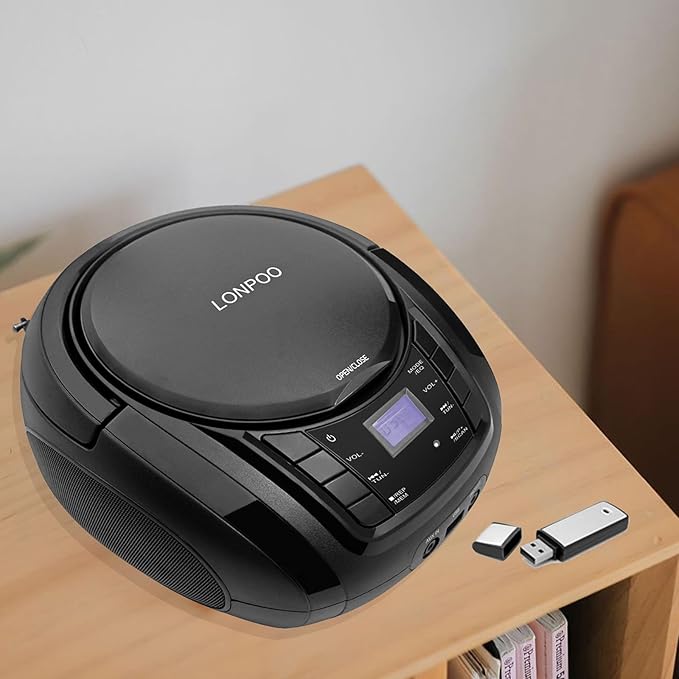 LONPOO CD Player Portable Boombox with FM Radio/USB/Bluetooth/AUX Input and Earphone Jack Output, Stereo Sound Speaker & Audio Player,Black