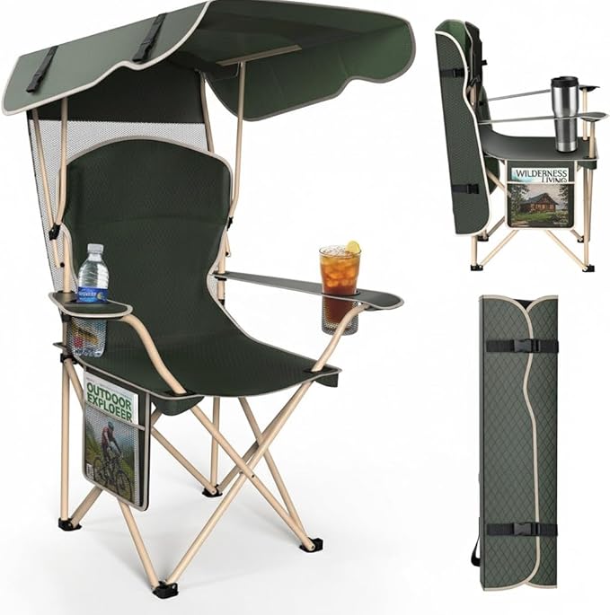 Portable Folding Camping Chairs with Canopy Shade, Beach Chair for Adults, Durable Weather Resistant 600D Oxford Cloth, Camping Chair with Canopy for Outdoors [Olive Green]