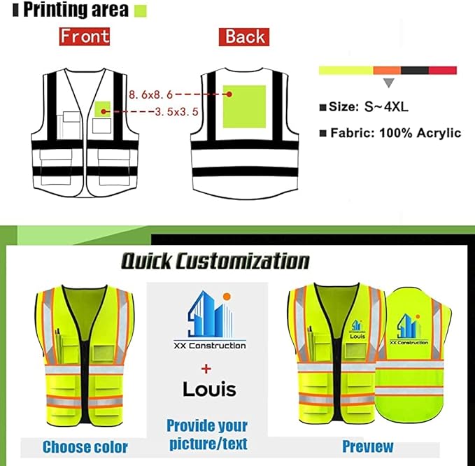 YOWESHOP High Reflective Visibility Safety Vest Custom Your Logo Safety Workwear with Reflective Strips and Front Zipper