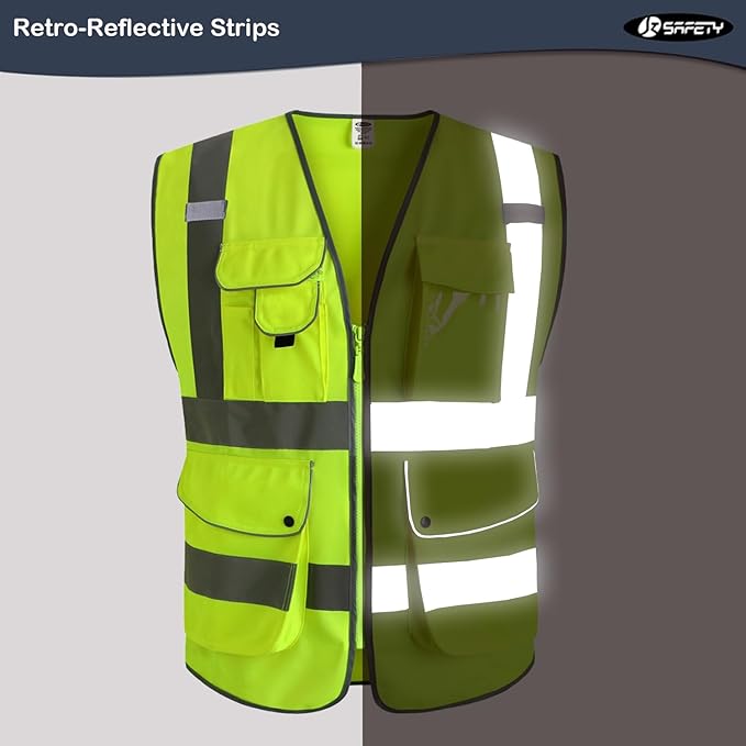 JKSafety 20 Pack 9 Pockets Class 2 High Visibility Zipper Front Safety Vest With Reflective Strips,Meets ANSI/ISEA Standard (Large, 156-Yellow)