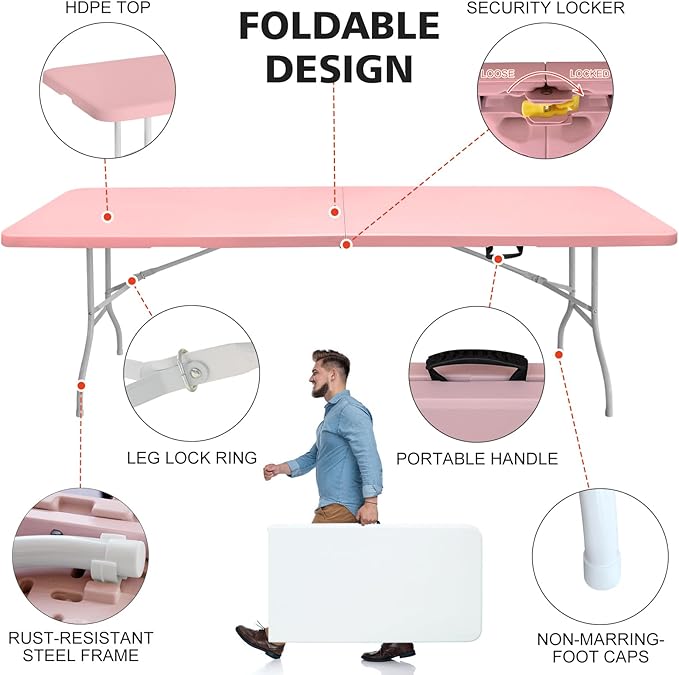 Portable 8Ft Plastic Folding Table, Heavy Duty 8ft Fold-in-Half Table with Carrying Handle, 8' Folding Utility Foldable Table for Picnic Party Camping Kitchen, Indoor/Outdoor (Pink)
