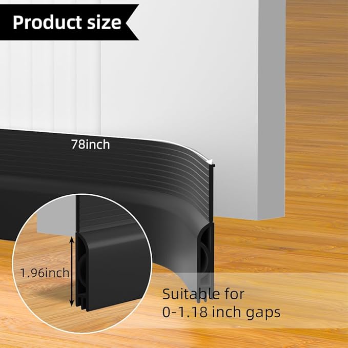 Door Draft Stopper for Bottom of Door, Adjustable Weather Stripping Door Seal for Cold Insulation, Under Door Sweep for Exterior & Interior Doors, Door Bottom Seal Blocker Noise (78inch,Black)