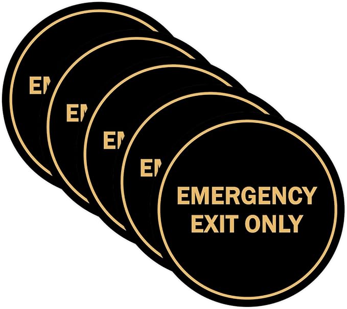 Signs ByLITA Circle Emergency Exit Only Sign (Black/Gold) - Small 5 Pack