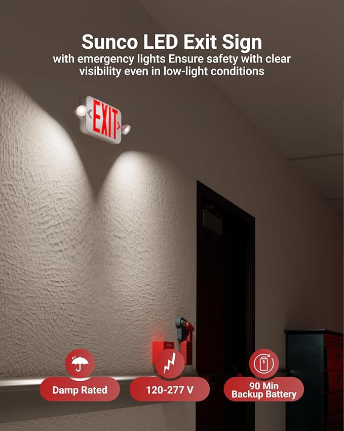 Sunco 12 Pack LED Exit Sign With Emergency Lights, Red, Two Mini Adjustable Lights, 94V-0 Fire Resistant, Backup Battery, 2.3W 6000K Daylight Deluxe, 200 Lumens 120-277V, Wall Or Ceiling Mount UL
