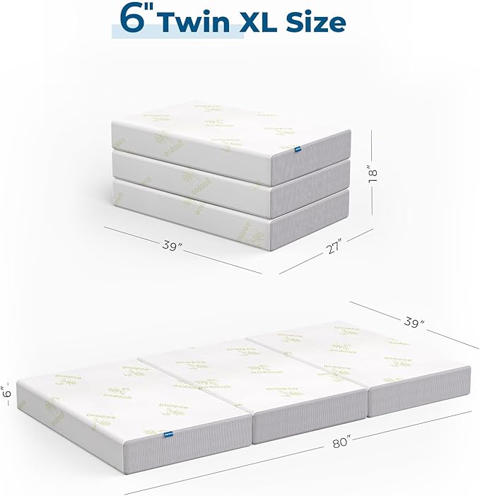 Inofia 6 Inch Folding Mattress, Memory Foam Tri-fold Mattress with Removable Cover, Foldable Floor Bed, Medium Firm, Twin XL Size (80" x 39" x 6")