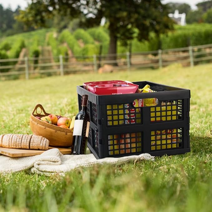 Morcte 34 L Plastic Rectangular Collapsible Crates, Folding Crates Storage, Pack for 3, Black
