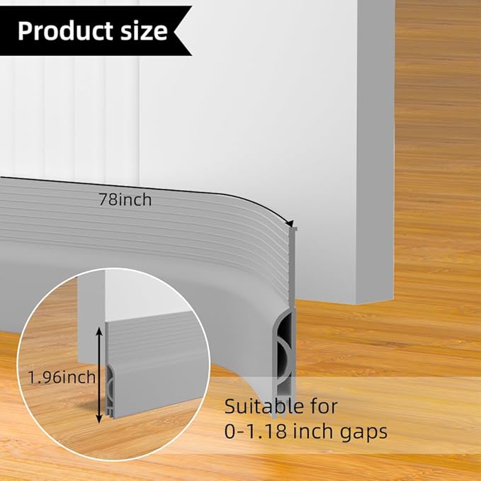 Door Draft Stopper for Bottom of Door, Adjustable Weather Stripping Door Seal for Cold Insulation, Under Door Sweep for Exterior & Interior Doors, Door Bottom Seal Blocker Noise (78inch,Grey)