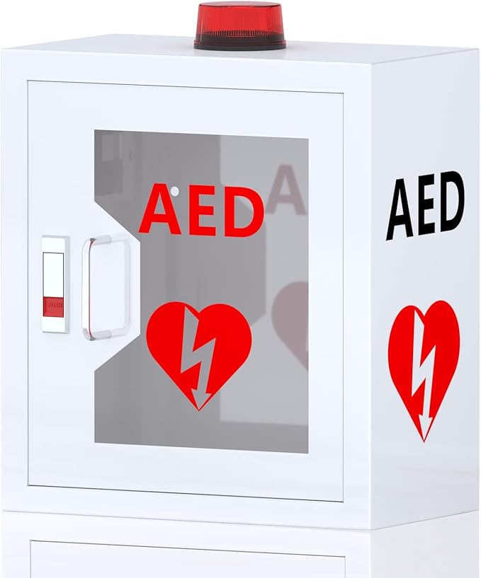 AED Defibrillator Wall Mounted Cabinet, Steel Storage Cabinet with Alarm and Light, AED Cabinet fits All Brands Cardiac Science, Zoll, AED Defibrillator, Physio-Control, 14.2 x 7.8 x 15.7 Inch