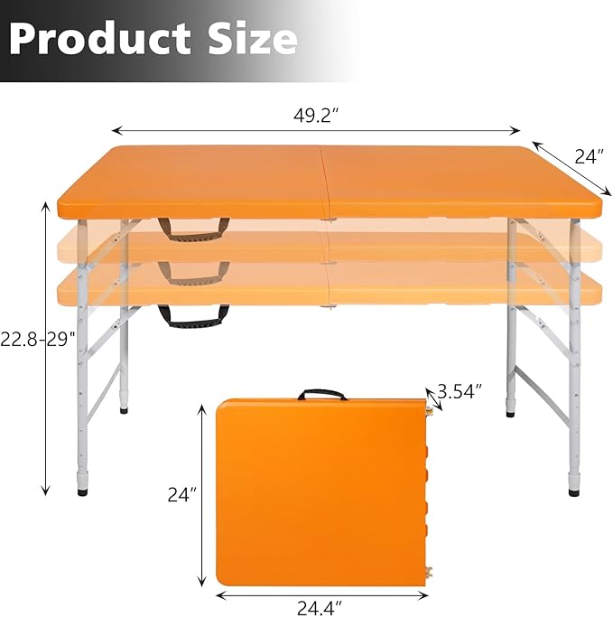 Portable 4Ft Adjustable Height Plastic Folding Table, Heavy Duty Fold-in-Half Table with Carrying Handle, Small Utility Foldable Table for Picnic Party Camping BBQ, Indoor/Outdoor (Orange)