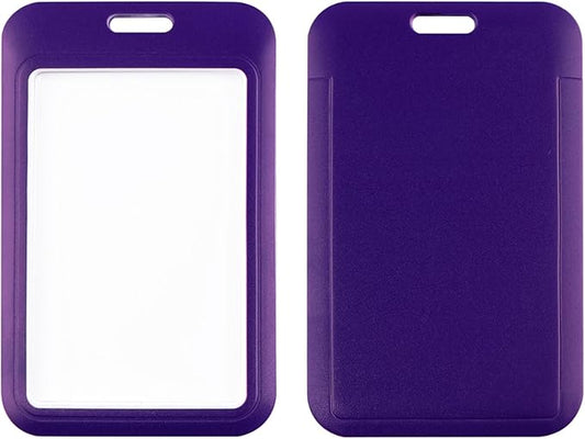 2-Pack Purple Card Holder Set, Clear Plastic ID Badge Holder, Top Slot for Lanyard & Keychain, Reusable PVC Card Sleeve for Work Office School Access Card
