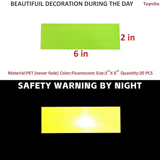 Non Fading Fluorescent Yellow Reflective Stickers 2 inch X 6 inch, Outdoor Waterproof High Visibility Safety Adhesive Reflector (20 Pcs)