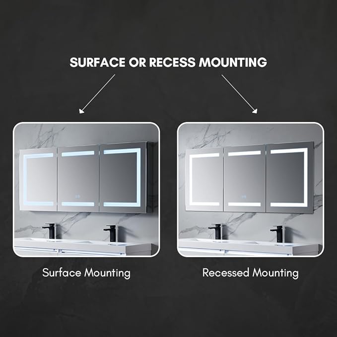 Blossom 60x26 LED Medicine Cabinet Mirror for Bathroom, Recessed/Surface Lighted Medicine Cabinet with Mirror, Anti-Fog, Dimmable 3 Color Makeup Mirror, Wall Mounted Storage