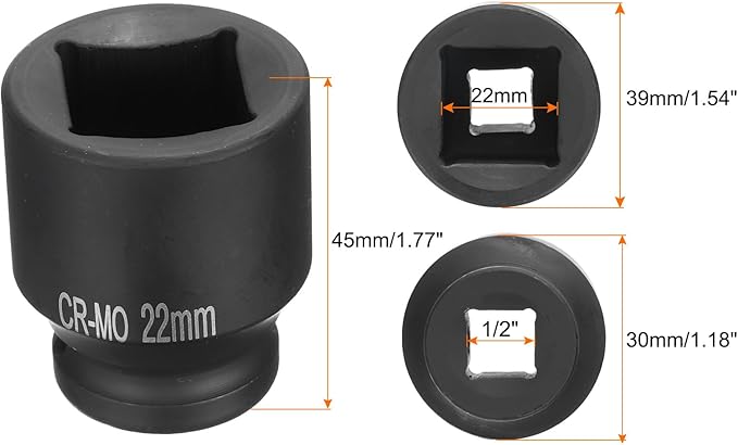 HARFINGTON 4 Point Square Socket 1/2" Drive 22mm Metric Square Impact Socket CR-MO Blackening Standard Wheel Sockets Pneumatic Socket Tool for Auto Repair Mechanical Maintenance Home Use