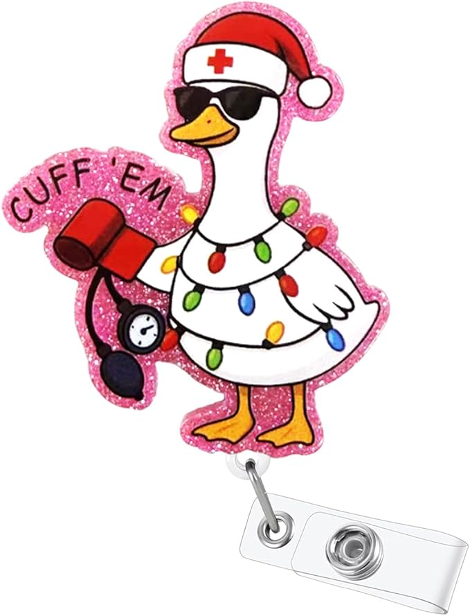 Christmas Funny Goose Badge Reel Nurse Nursing Badge Clip Cuff’ Em Colored Lights Xmas Retractable Clip Christmas Badge Holder for RN CNA LPN Medical Worker |with 24” Durable Nylon