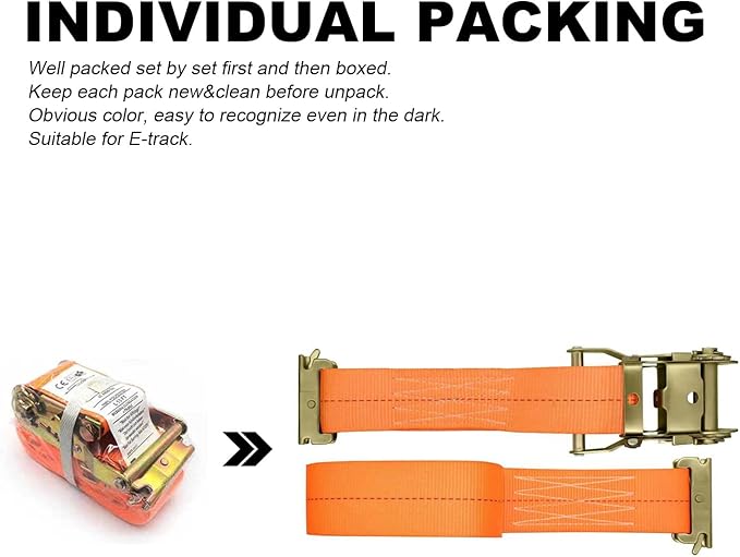 8Pack E-Track Straps Ratchet Etrack Strap Box Truck Strap Tie Down Heavy Duty 2" x15' 4400lbs Breaking Load, 2200 Working Load E-Track Accessories Orange