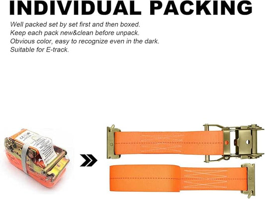 8Pack E-Track Straps Ratchet Etrack Strap Box Truck Strap Tie Down Heavy Duty 2" x15' 4400lbs Breaking Load, 2200 Working Load E-Track Accessories Orange