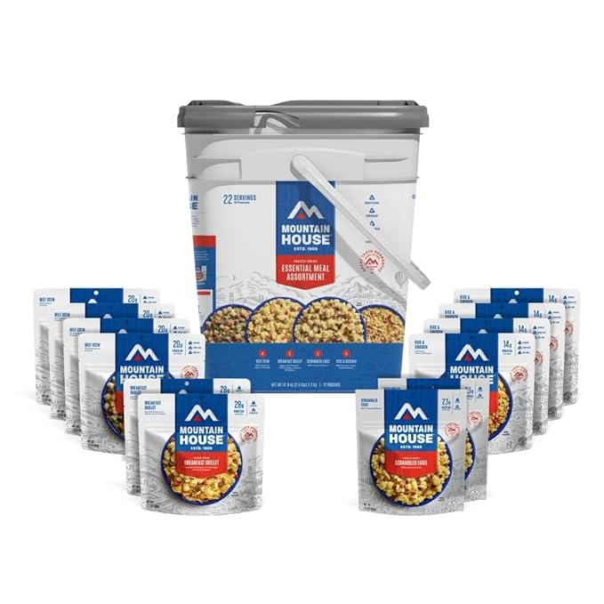 Mountain House Essential Meal Assortment Bucket | Freeze Dried Backpacking & Camping Food | 22 Servings | Gluten-Free