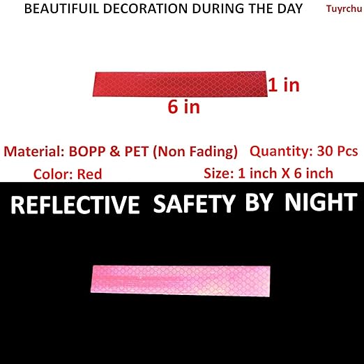 Red Reflective Stickers 1 inch X 6 inch, Outdoor Waterproof High Visibility Warning Safety Adhesive Reflector Tape (30 Pcs)