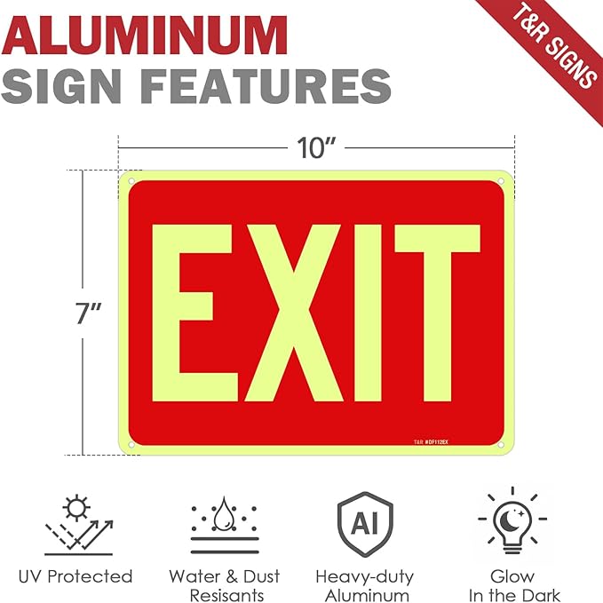 T&R Exit Sign - 2 Pack - 10 x 7 Inches Rust Free .040 Aluminum Glow-In-The-Dark - UV Protected, Waterproof, Weatherproof and Fade Resistant - 4 Pre-drilled Holes