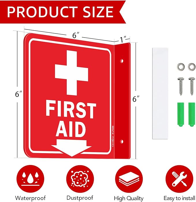 GicnKeuz First Aid Sign, 6" x 6" First Aid with Cross Symbol, Two-Sided Acrylic L-Sign for Business or Office or Wall Décor, Including Screws, Easy to Install (4 Pack)