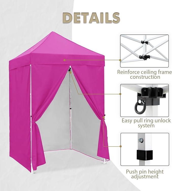 EAGLE PEAK 5x5 Instant Canopy with 4-Side Wall Panels, Small Pop up Portable Canopy Tent with Carry Bag, Light Weight Sun Shelter for Sports, Camping and Beach, Pink