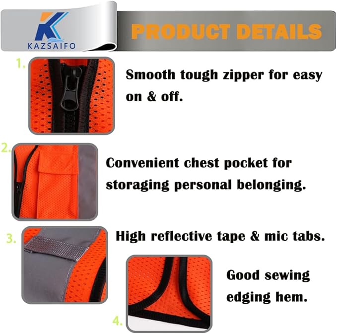 Hi Vis Reflective Safety Vest for Men Women Work,Mesh High Visibility Class 2 Construction Vest with Chest Pocket and Zipper Front,Meets ANSI/ISEA Standard(KZ179-Orange-2XL)