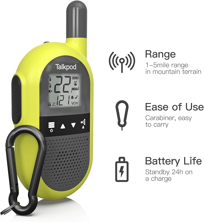 Talkpod Sports Walkie Talkies Lightweight, 22 Channels, VOX Hands Free, Long Range Waki Toki for Cycling, Skiing, Hiking, Kids & Adults, 2 Pack (Bright Green)