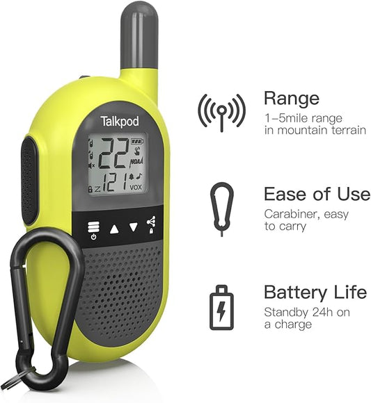 Talkpod Sports Walkie Talkies Lightweight, 22 Channels, VOX Hands Free, Long Range Waki Toki for Cycling, Skiing, Hiking, Kids & Adults, 2 Pack (Bright Green)