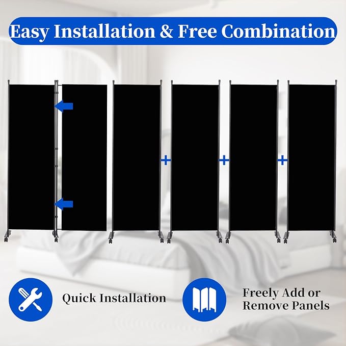 Room Divider 6FT Room Partition with Lockable Wheels, (Thicked Metal Base) Room Dividers, Freestanding Indoor Folding Privacy Screens, Portable Fabric Wall Divider for (Black, 132"- 6 Panel)