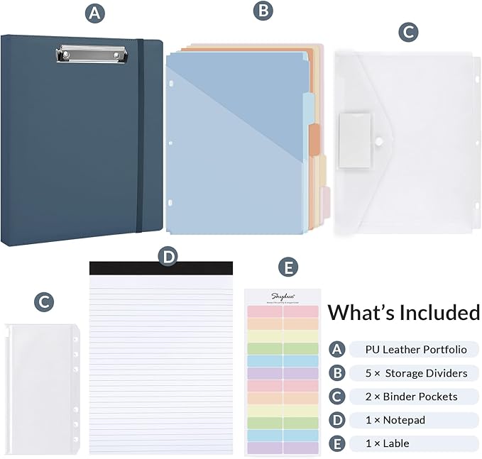 SKYDUE 3 Ring Binder with Clipboard 1 Inch, 13.2" × 10.2" PU Clipboard Binder with Notepad & 5 Dividers with 5 Pockets, Labels, Clipboard Folder Great for School Office(Fit Letter Sized Paper)