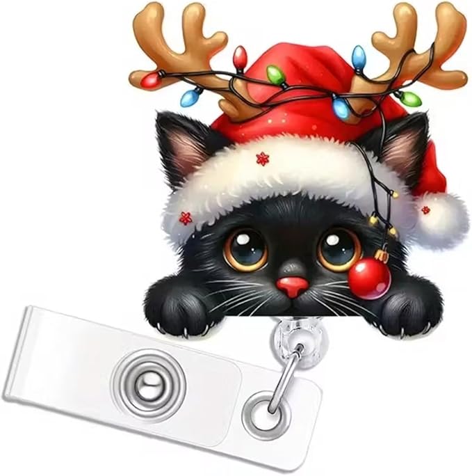 Black Cat Badge Holder Christmas Badge Reel Retractable Badge with Alligator Clip Cute Cat Light Strings Antlers ID Badge Holder Xmas Acrylic Badge Clips for Nurses Nursing Students Teachers Office