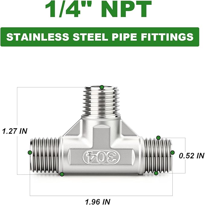 TAISHER 2PCS 304 Stainless Steel Tee Pipe Fittings, 1/4" x 1/4" x 1/4" NPT Male Pipe Fittings
