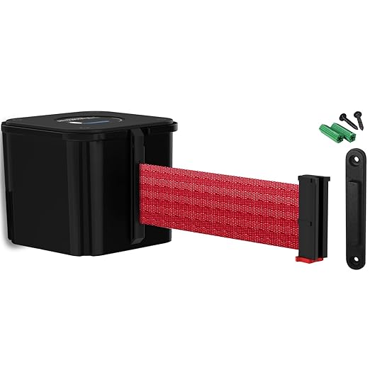 WM412 Retractable Belt Wall Mounted Smooth Black Crowd Control Barrier and Receiving End, 30' Red Belt