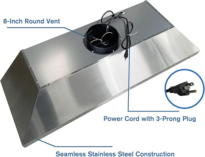 48-inch Range Hood Insert with Inline Remote Blower, CT Copper Tailor 1260CFM Kitchen Vent Hood, 4-Speed Exhaust Fan, 4 LED Lights, 8" Round Ducted,Baffle Filters, in Stainless Steel