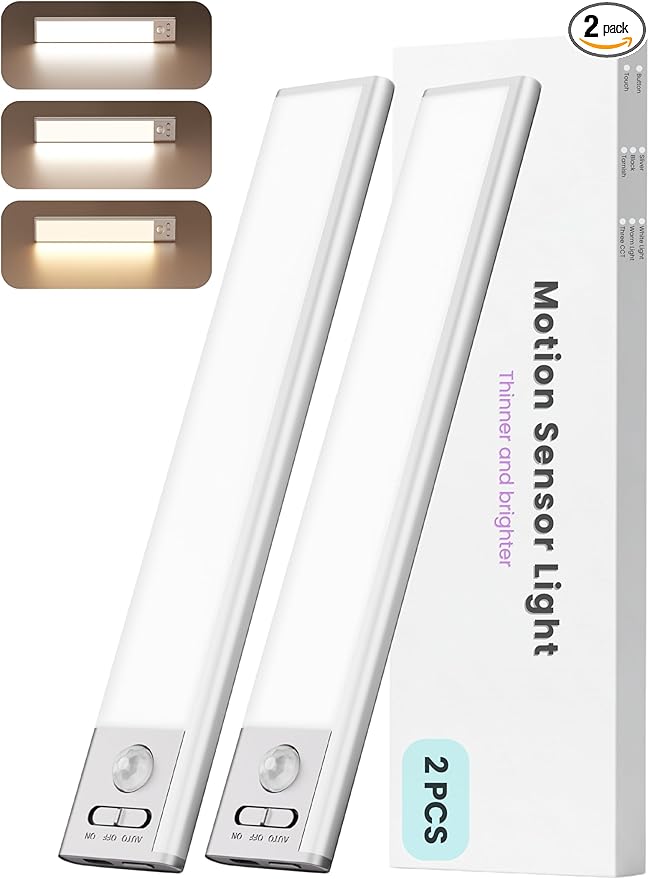 9 inch Under Cabinet Lighting, Cordless Rechargeable Motion Sensor Light Indoor, Magnetic LED Strip, 110 Lumens Stick on Closet Light for Counter, Shelf, Stairs and Pantry (2 Pack)