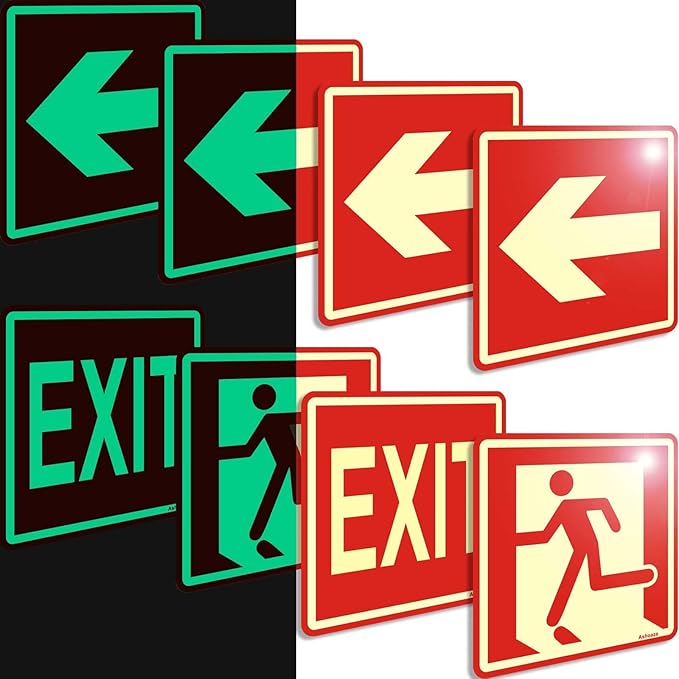 Emergency Exit Sign Glow in the Dark Decals, Running Man Sign With Directional Arrow Light Stickers, 15x15 cm, 8 Pcs Red