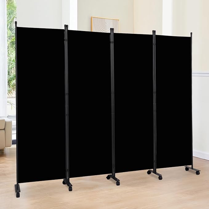 Room Divider 6FT Room Partition with Lockable Wheels, (Thicked Metal Base) Room Dividers, Freestanding Indoor Folding Privacy Screens, Portable Fabric Wall Divider for (Black, 88"- 4 Panel)