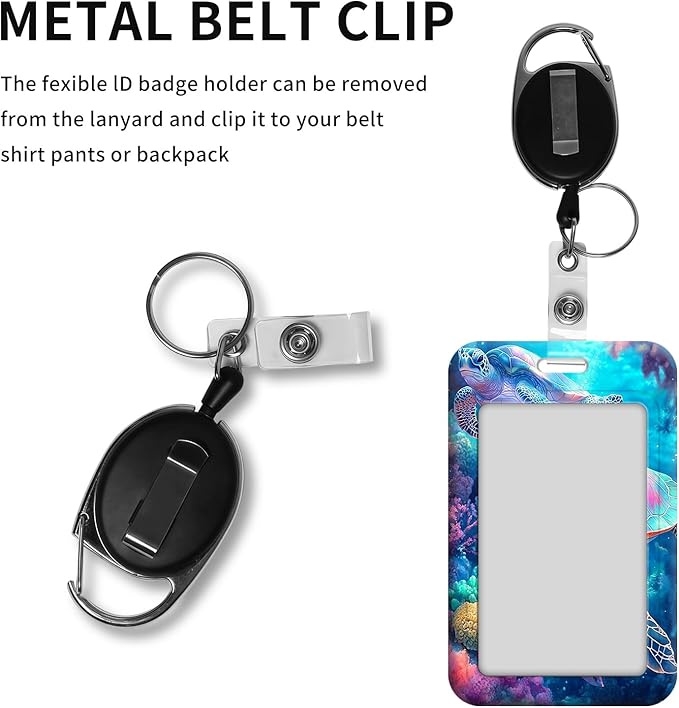 ID Badge Holder with Retractable Lanyard for Women & Men,Vertical ID Card Holder Wallet,Clear Window&Card Slot,Detachable Neck Strap for Nurse Teacher Office,Tropical Turtles Coral Reef