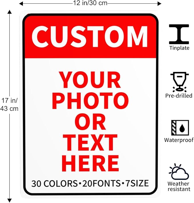 Custom Metal Signs - Personalized Business, Office, Home, Delivery, Road, Garden, Hazard, Parking, Decorative Signs, 12''x17''