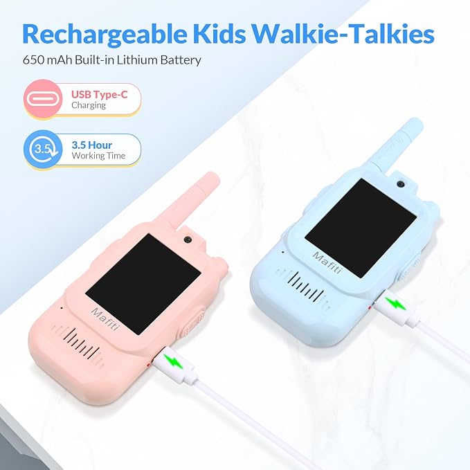 Mafiti Toys for 3 4 5 6 7 8 Year Old Boys Girls Mini Video Walkie Talkies for Kids 2 Pack Rechargeable 1000 Feet Range Birthday Indoor Outdoor (Blue+Pink)