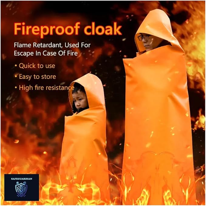 Fireproof Blanket Fire Cloak | Hooded Fire Blanket | Emergency Fire Blankets For Full Body | Emergency Fire Escape Hooded Cape with Reflective Strips | Heat Resistant Up to 1100°F | 65*61